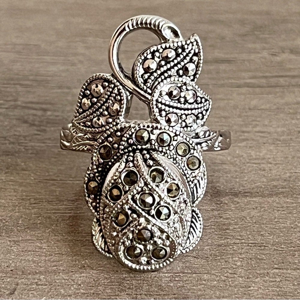 Vintage ESPO Intricate Floral Marcasite and 14 KHGE Silver Ring - Size 6.5